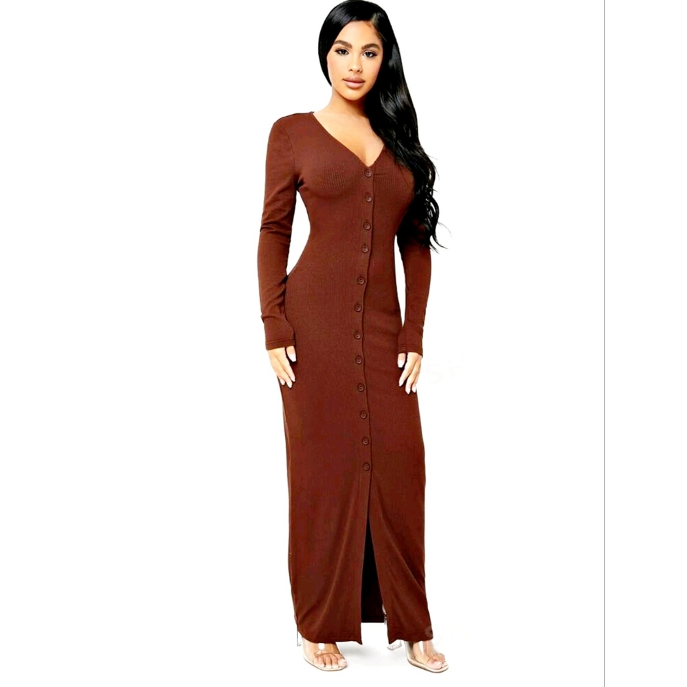 SXY Button Through Rib Knit Bodycon Dress